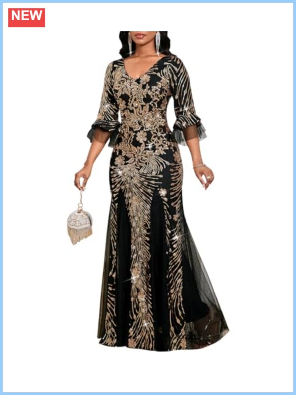 Sequin V Neck Mermaid Formal Evening Gown Flare Sleeve Floor Length